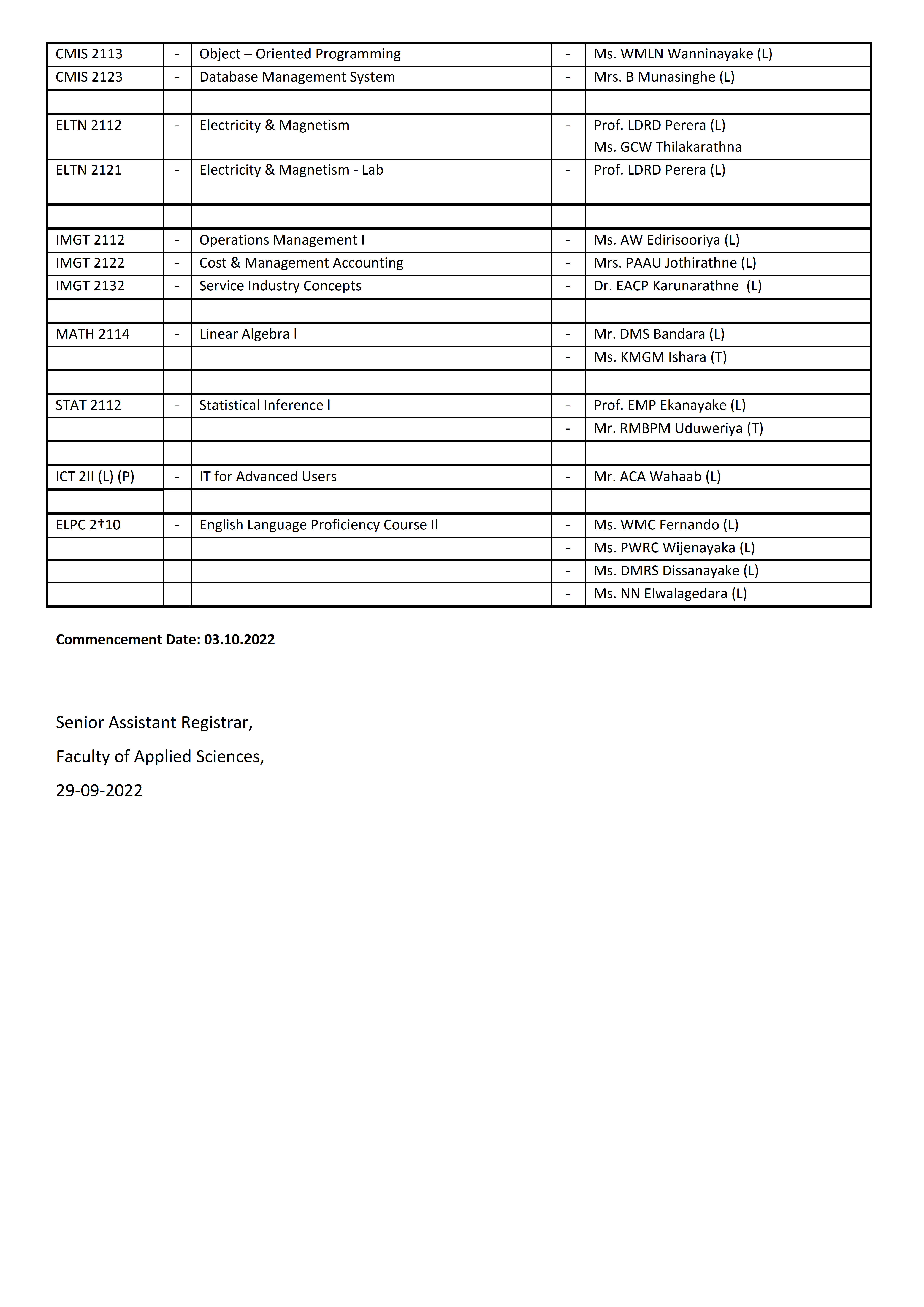 Timetables - Faculty of Applied Sciences