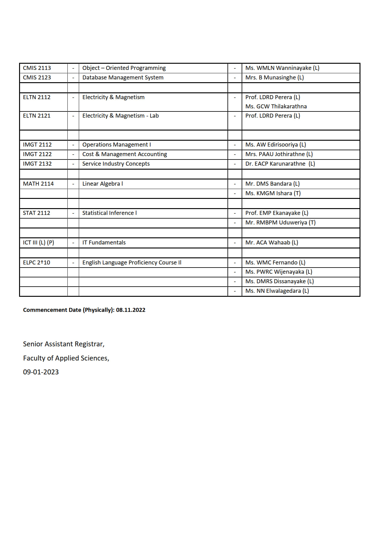 Timetables - Faculty Of Applied Sciences